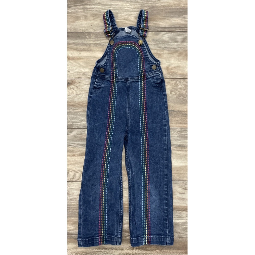 Hanna Andersson Denim Overalls Unisex Toddler Size 4 100 Rainbow Stitching